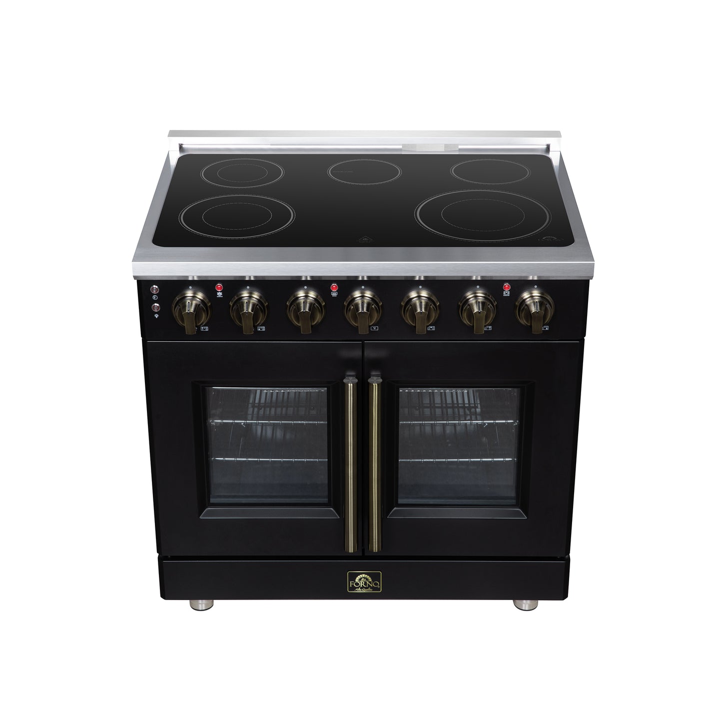 Massimo 36 Inch French Door Electric range, 5 radiant burners, 5.36 cf. True Convection oven, Air fryer kit, Black - Forno Appliances