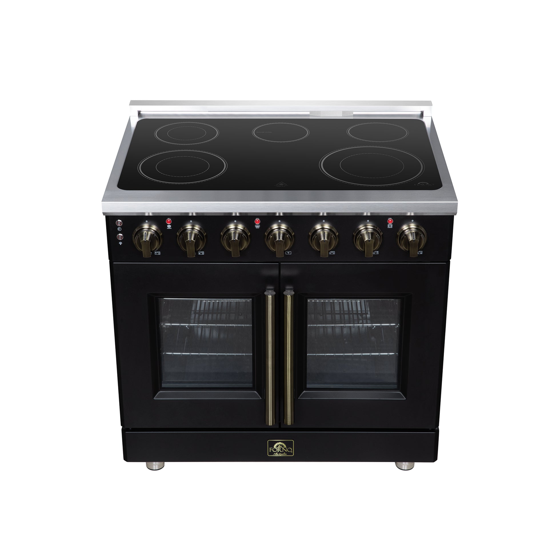 Massimo 36 Inch French Door Electric range, 5 radiant burners, 5.36 cf. True Convection oven, Air fryer kit, Black - Forno Appliances