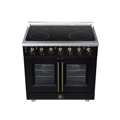 Massimo 36 Inch French Door Electric range, 5 radiant burners, 5.36 cf. True Convection oven, Air fryer kit, Black - Forno Appliances