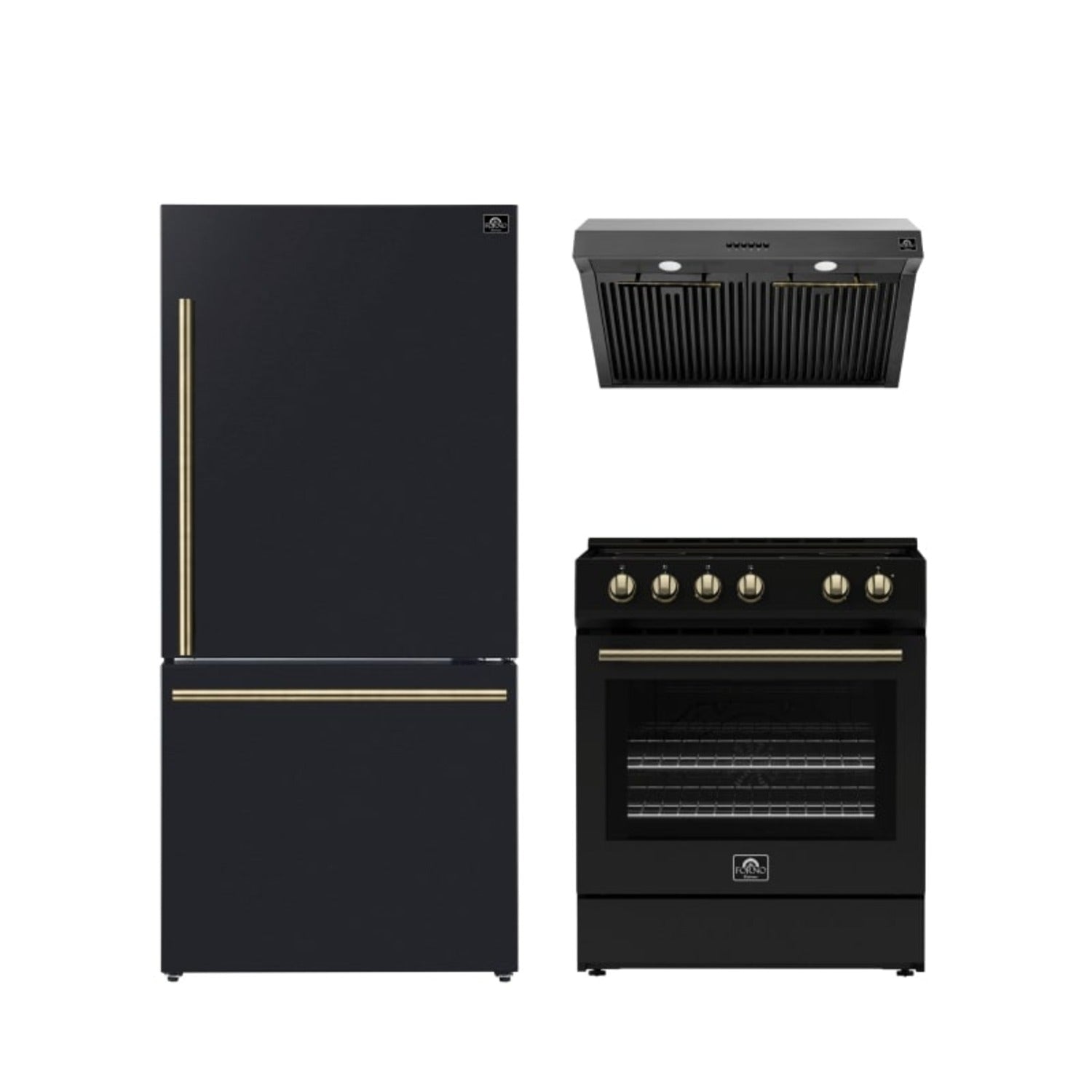 FORNO Premium 3-Piece Kitchen Bundle - Leonardo Espresso 30" Black Range, 30" Black Range Hood, 31" Black Refrigerator - FBDL-001-02CA - Forno Appliances