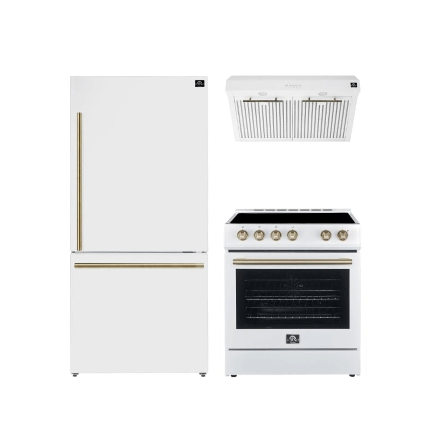 Ensemble de cuisine haut de gamme FORNO 3 pièces : cuisinière Leonardo Espresso blanche de 30 po, hotte blanche de 30 po, réfrigérateur blanc de 31 po – FBDL-001-03CA