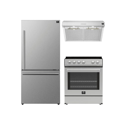 FORNO Premium 3-Piece Kitchen Bundle - Leonardo Espresso 30" Electric Range, 30" Under Cabinet Range Hood, 31" Bottom Freezer Refrigerator - Stainless Steel with Antique Brass Handles - FBDL-001-01CA