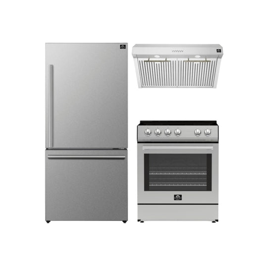 FORNO Premium 3-Piece Kitchen Bundle - Leonardo Espresso 30" Electric Range, 30" Under Cabinet Range Hood, 31" Bottom Freezer Refrigerator - Stainless Steel with Antique Brass Handles - FBDL-001-01CA