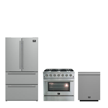 Conjunto de cocina premium FORNO de 3 piezas: cocina de gas Galiano de 91 cm, refrigerador de 91 cm con puerta francesa, lavavajillas empotrado de 61 cm - FBDL-004-01CAUS