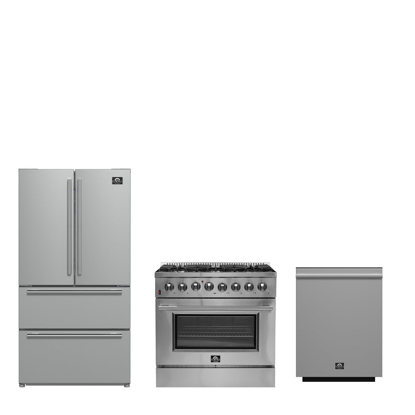 Ensemble de cuisine haut de gamme FORNO 3 pièces : cuisinière bi-énergie Galiano 36 po, réfrigérateur à portes françaises 36 po, lave-vaisselle encastrable 24 po - FBDL-004-02CAUS