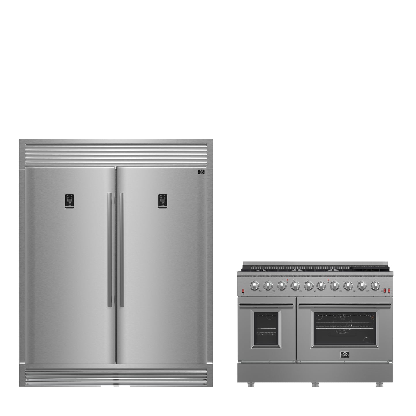 Conjunto de cocina premium de 2 piezas FORNO: cocina de doble combustible Galiano de acero inoxidable de 48" y refrigerador convertible de dos puertas verticales de acero inoxidable de 60" - FBDL-005-02CAUS