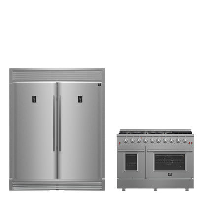 Conjunto de cocina premium de 2 piezas FORNO: cocina de doble combustible Galiano de acero inoxidable de 48" y refrigerador convertible de dos puertas verticales de acero inoxidable de 60" - FBDL-005-02CAUS