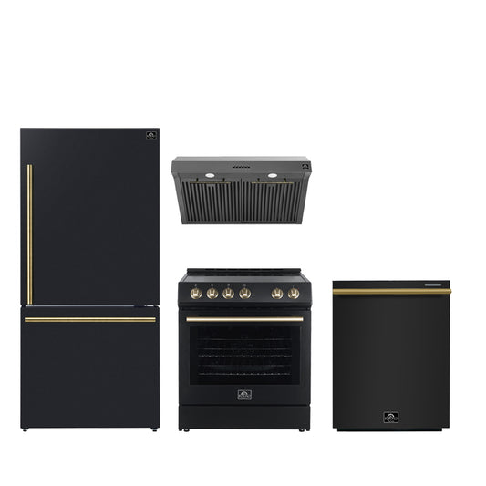 Conjunto de cocina premium FORNO de 4 piezas: cocina Leonardo Espresso negra de 76 cm, campana extractora negra de 76 cm, refrigerador negro de 78 cm con congelador inferior, lavavajillas negro empotrado de 61 cm - FBDL-006-02CA
