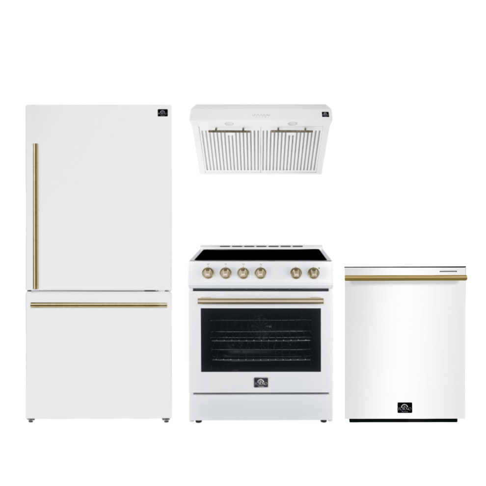 Conjunto de cocina premium FORNO de 4 piezas: cocina Leonardo Espresso blanca de 76 cm, campana extractora blanca de 76 cm, refrigerador blanco de 78 cm con congelador inferior, lavavajillas empotrado blanco de 61 cm - FBDL-006-03CA