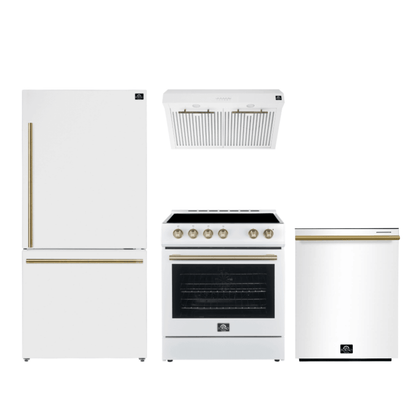 Conjunto de cocina premium FORNO de 4 piezas: cocina Leonardo Espresso blanca de 76 cm, campana extractora blanca de 76 cm, refrigerador blanco de 78 cm con congelador inferior, lavavajillas empotrado blanco de 61 cm - FBDL-006-03CA