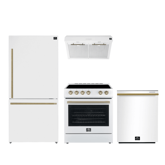Ensemble de cuisine premium 4 pièces FORNO : cuisinière Leonardo Espresso blanche de 30 po, hotte blanche de 30 po, réfrigérateur congélateur inférieur blanc de 31 po, lave-vaisselle encastrable blanc de 24 po - FBDL-006-03CA