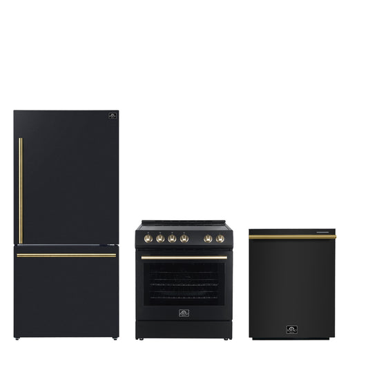 Conjunto de cocina premium FORNO de 3 piezas: cocina Leonardo Espresso negra de 76 cm, refrigerador negro de 78 cm con congelador inferior, lavavajillas empotrado negro de 61 cm - FBDL-007-02CA