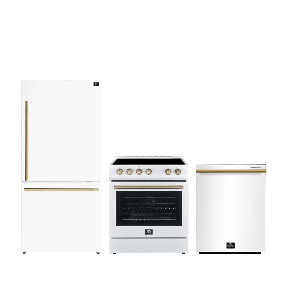 Ensemble de cuisine 3 pièces Premium FORNO : cuisinière Leonardo Espresso blanche de 30 po, réfrigérateur congélateur inférieur blanc de 31 po, lave-vaisselle encastrable blanc de 24 po - FBDL-007-03CA