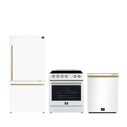 Ensemble de cuisine 3 pièces Premium FORNO : cuisinière Leonardo Espresso blanche de 30 po, réfrigérateur congélateur inférieur blanc de 31 po, lave-vaisselle encastrable blanc de 24 po - FBDL-007-03CA