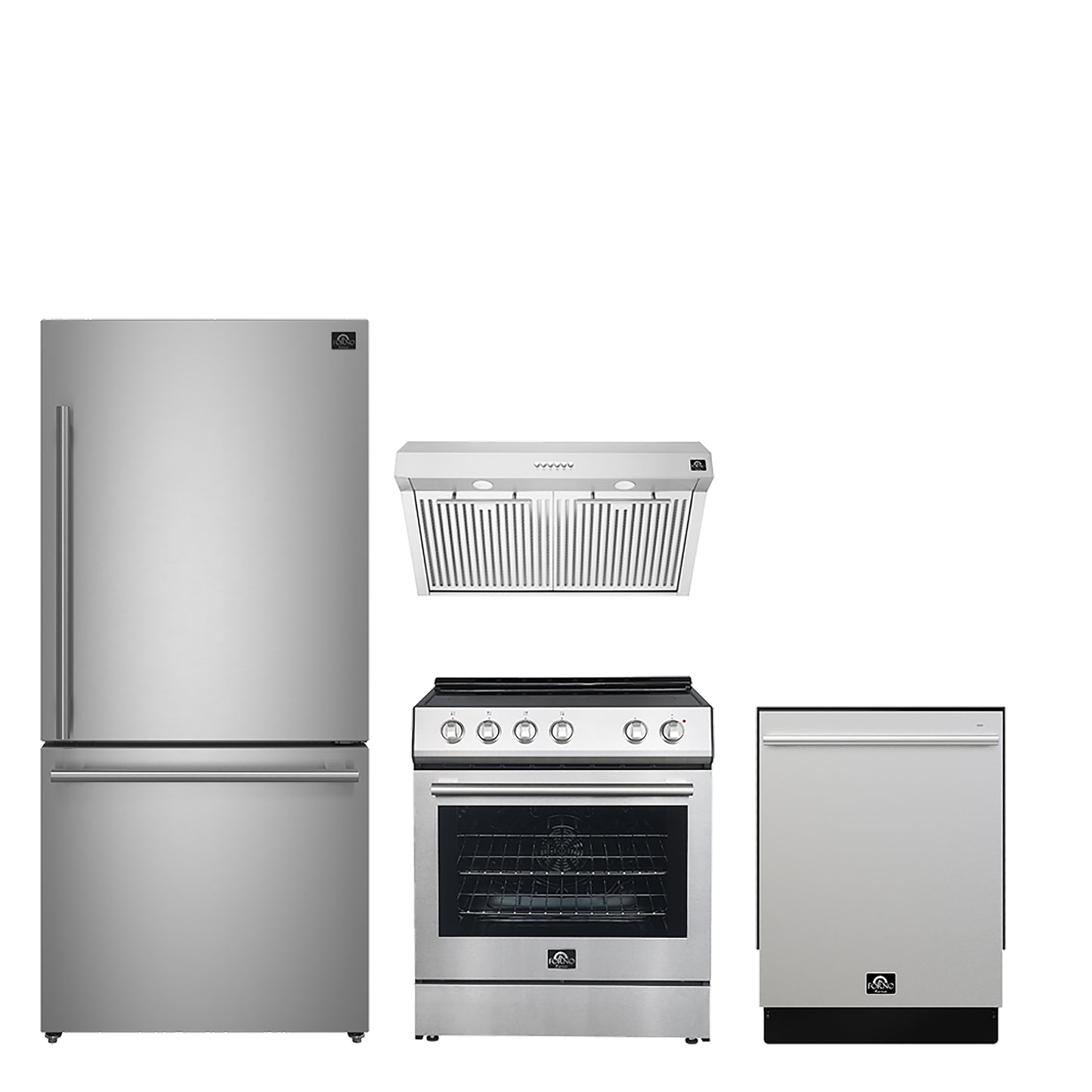 FORNO Premium 4-Piece Kitchen Bundle - 30" Electric Range, 30" Range Hood, 31" French Door Refrigerator, 24" Built-In Dishwasher, Stainless Steel - FBDL-010-01CA
