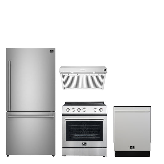 FORNO Premium 4-Piece Kitchen Bundle - 30" Electric Range, 30" Range Hood, 31" French Door Refrigerator, 24" Built-In Dishwasher, Stainless Steel - FBDL-010-01CA