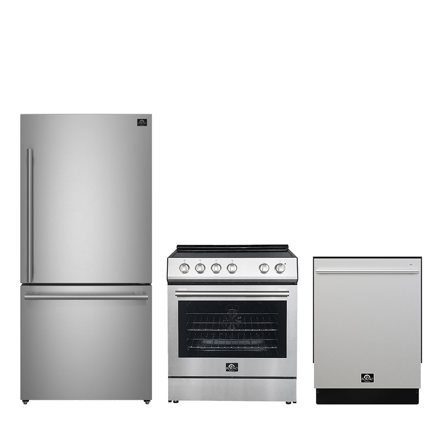 FORNO Premium 3-Piece Kitchen Bundle - 30" Electric Range, 31" French Door Refrigerator, 24" Built-In Dishwasher, Stainless Steel - FBDL-011-01CA