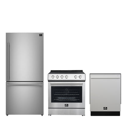 FORNO Premium 3-Piece Kitchen Bundle - 30" Electric Range, 31" French Door Refrigerator, 24" Built-In Dishwasher, Stainless Steel - FBDL-011-01CA