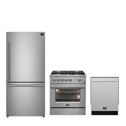 Conjunto de cocina premium FORNO de 3 piezas: cocina a gas de 30", refrigerador con congelador inferior y lavavajillas integrado, acero inoxidable - FBDL-012-01CAUS
