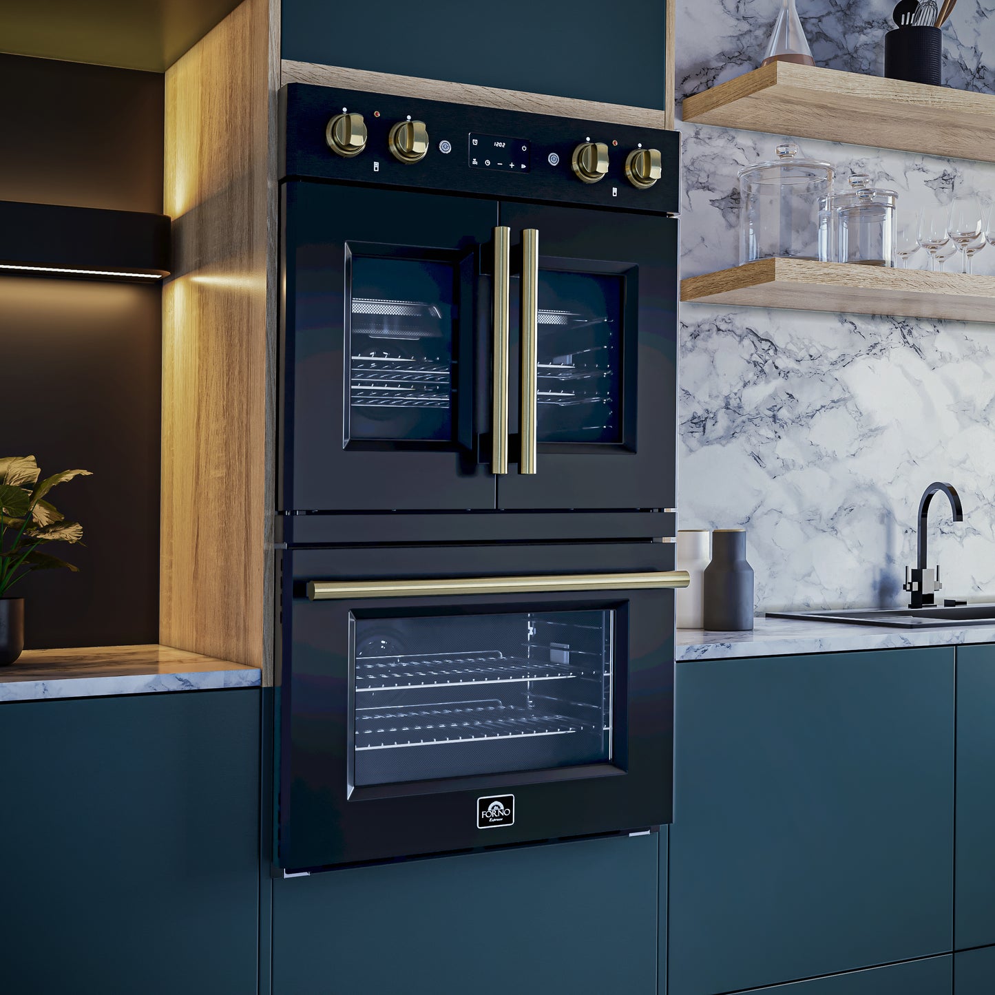 Four mural électrique double Forno Asti de 30 pouces avec portes françaises supérieures, noir et laiton antique, 7,36 pi³, double convection véritable, 7 200 W, friture à air, cuisson sous vide, autonettoyage