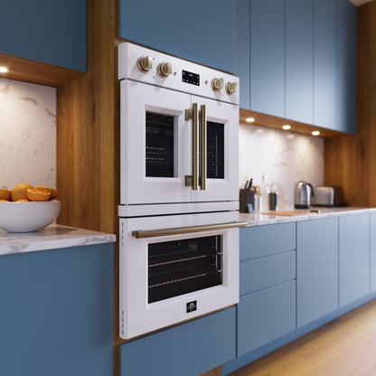 Horno de pared eléctrico doble Forno Asti de 30 pulgadas con puertas francesas superiores en blanco y latón antiguo, 7.36 pies cúbicos, doble convección real, 7200 W, freidora de aire, sous vide, autolimpieza