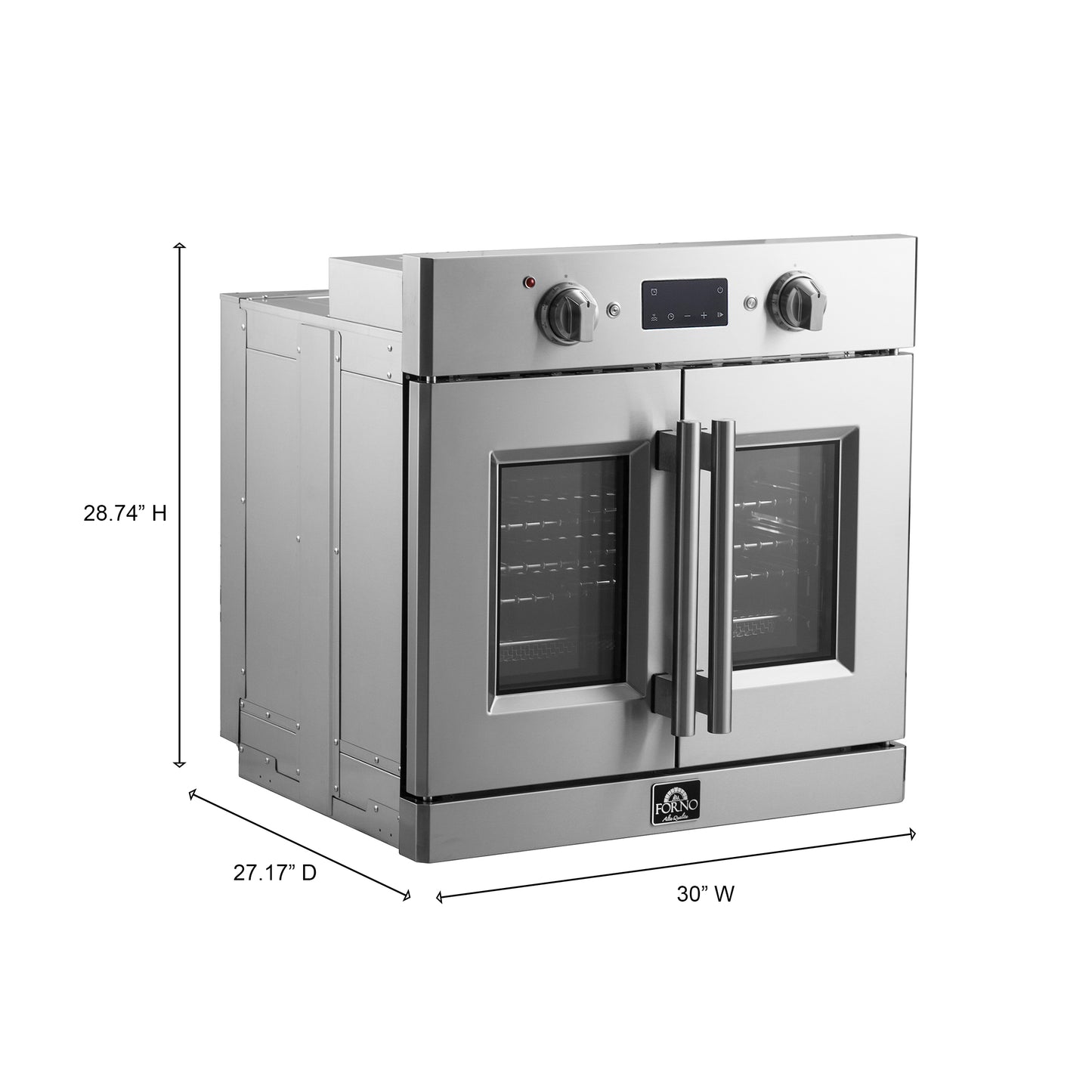 Horno eléctrico de pared Forno Gallico de 30 pulgadas con puerta francesa, acero inoxidable, convección real, freidora de aire y autolimpieza.