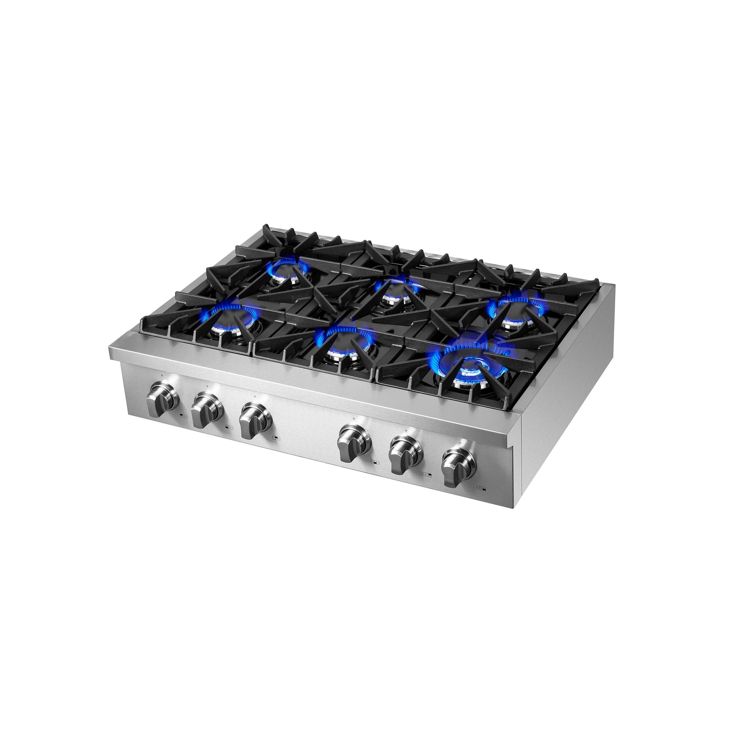 Estufa a gas Forno Cossato Alta Qualita de 36 pulgadas, estilo profesional, de acero inoxidable, con 6 quemadores sellados, potencia total de 83,000 BTU y rejillas continuas de hierro fundido.