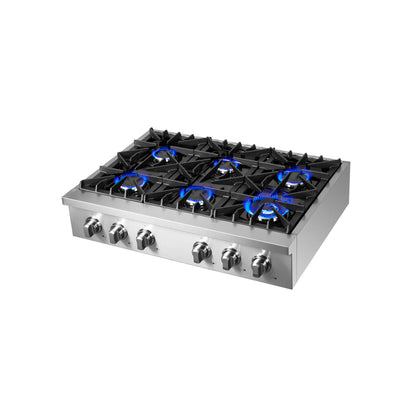 Estufa a gas Forno Cossato Alta Qualita de 36 pulgadas, estilo profesional, de acero inoxidable, con 6 quemadores sellados, potencia total de 83,000 BTU y rejillas continuas de hierro fundido.