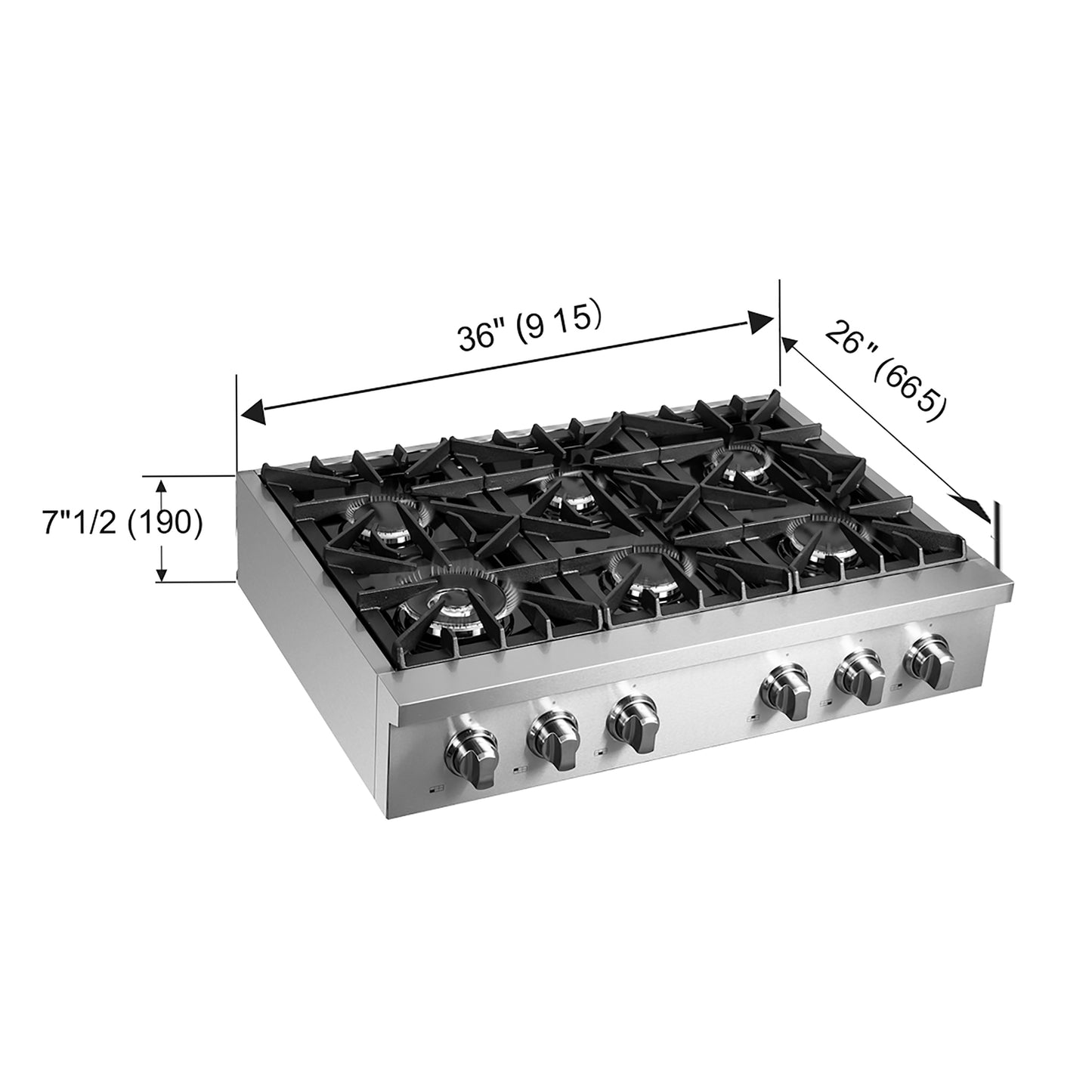 Estufa a gas Forno Cossato Alta Qualita de 36 pulgadas, estilo profesional, de acero inoxidable, con 6 quemadores sellados, potencia total de 83,000 BTU y rejillas continuas de hierro fundido.