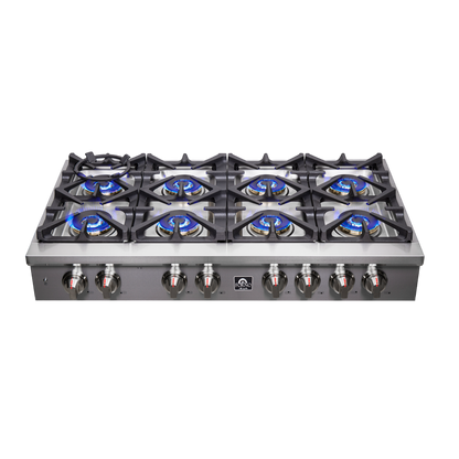 Estufa de gas profesional Forno Spezia Alta Qualita de 48 pulgadas, acero inoxidable, 8 quemadores sellados, rejillas continuas de hierro fundido, alta potencia térmica.