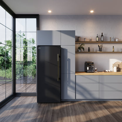 Congelador/refrigerador vertical convertible Forno Maderno de 28 pulgadas en color negro con manija de latón antiguo, 13.6 pies cúbicos, giro a la izquierda