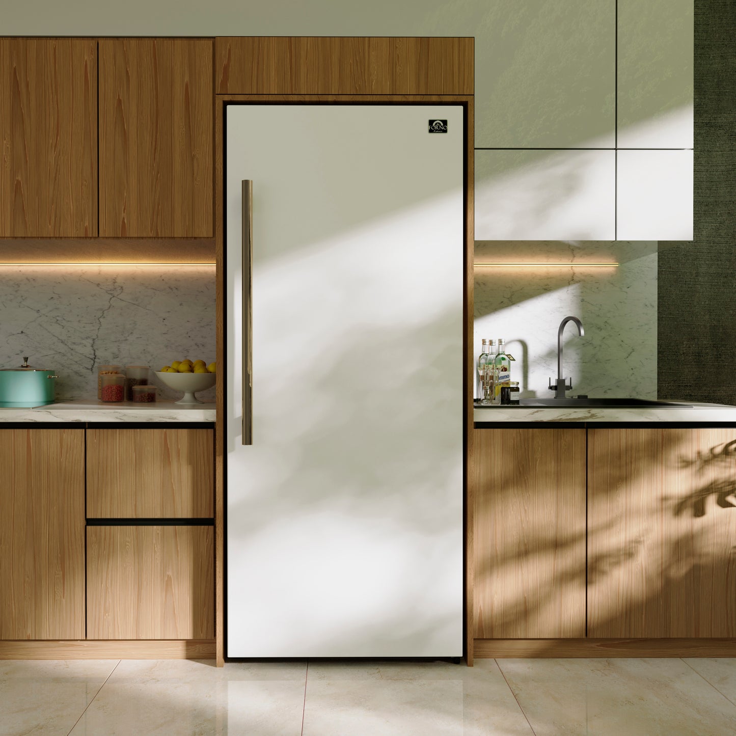 Congelador/refrigerador convertible Forno Maderno de 28 pulgadas en blanco con manija de latón antiguo, 13.6 pies cúbicos, apertura a la derecha