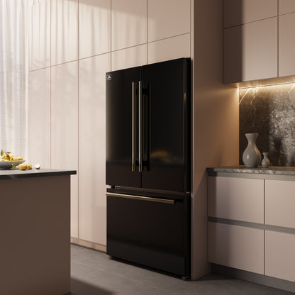 Refrigerador Forno Rivello de 36 pulgadas con puerta francesa en negro con latón antiguo, dispensador de agua interno, hielo filtrado, estantes ajustables, certificación Energy Star
