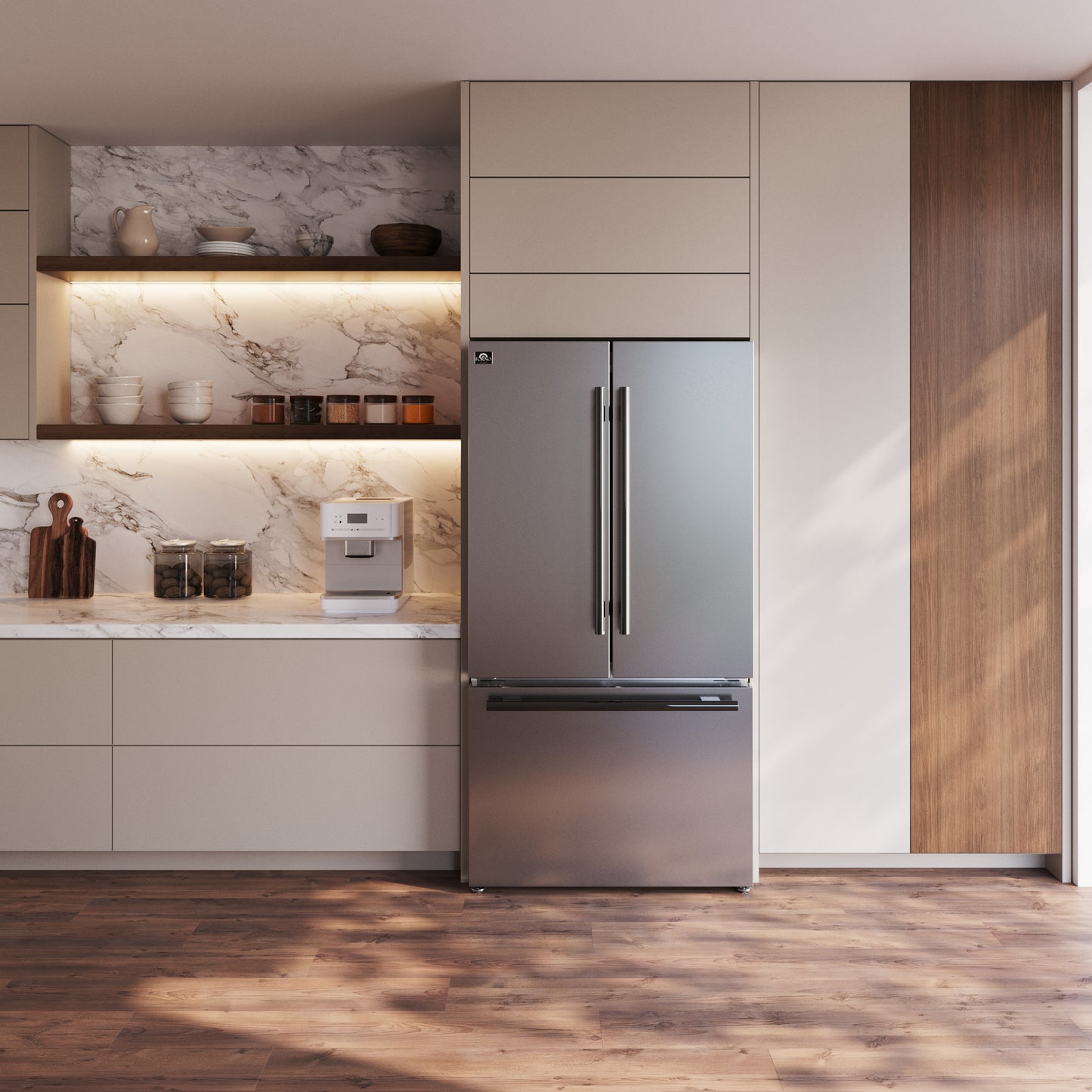 Refrigerador Forno Rivello de 36 pulgadas con puerta francesa en acero inoxidable, dispensador de agua interno, hielo filtrado, estantes ajustables, certificación Energy Star