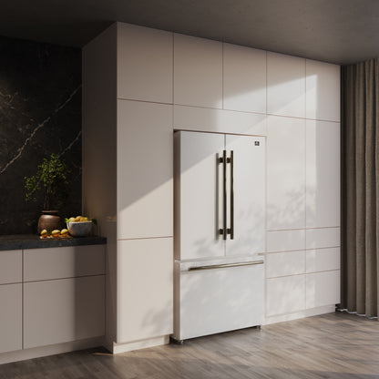 Refrigerador Forno Rivello de 36 pulgadas con puerta francesa en blanco con latón antiguo, dispensador de agua interno, hielo filtrado, estantes ajustables, certificación Energy Star