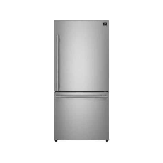 Refrigerador Forno Milano Espresso de 31 pulgadas con congelador inferior, acero inoxidable, capacidad de 17.2 pies cúbicos, puerta abatible a la derecha, eficiencia energética