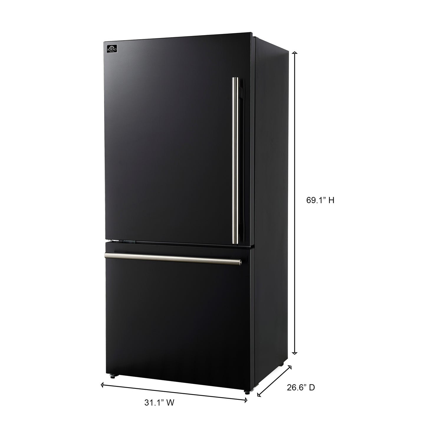 Refrigerador Forno Milano Espresso de 31 pulgadas, color negro, con congelador inferior, 17.2 pies cúbicos, de bajo consumo, sin escarcha, con máquina de hielo integrada