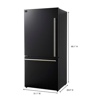 Refrigerador Forno Milano Espresso de 31 pulgadas, color negro, con congelador inferior, 17.2 pies cúbicos, de bajo consumo, sin escarcha, con máquina de hielo integrada