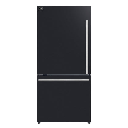 Refrigerador Forno Milano Espresso de 31 pulgadas, color negro, con congelador inferior, 17.2 pies cúbicos, de bajo consumo, sin escarcha, con máquina de hielo integrada