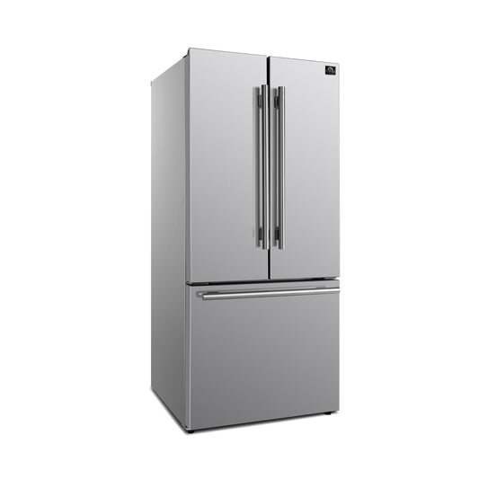 Refrigerador Forno Gallipoli de 30 pulgadas con puerta francesa y congelador inferior, capacidad de 17.5 pies cúbicos, acero inoxidable, tecnología No Frost, máquina de hielo incorporada, eficiencia energética