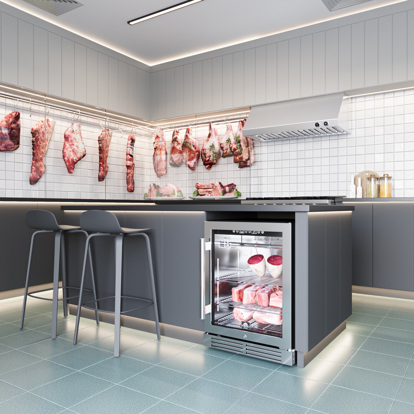 Gabinete de maduración en seco Forno Asciutto de 24 pulgadas, acero inoxidable 304, 4.41 pies cúbicos, iluminación LED, estantes ajustables