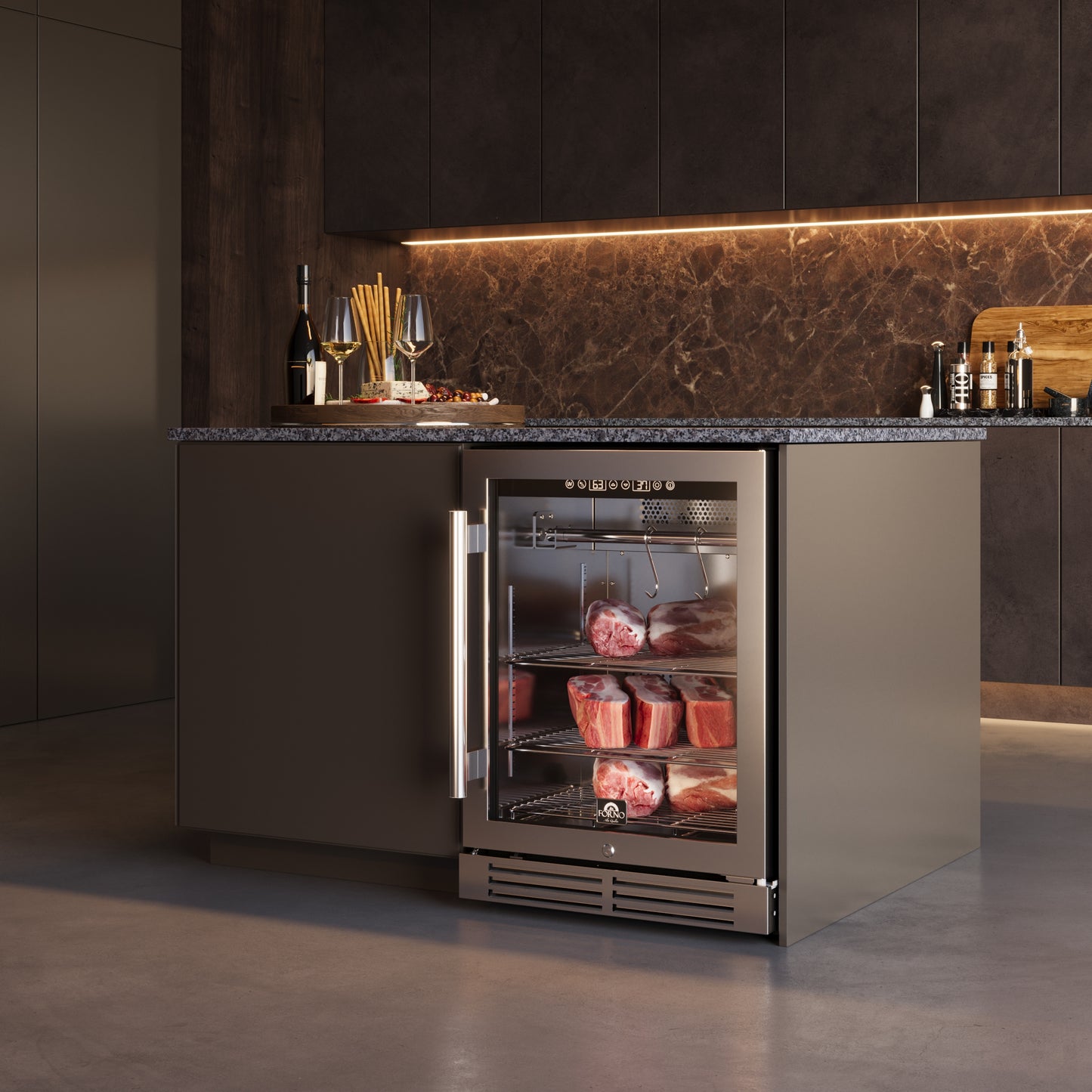 Gabinete de maduración en seco Forno Asciutto de 24 pulgadas, acero inoxidable 304, 4.41 pies cúbicos, iluminación LED, estantes ajustables