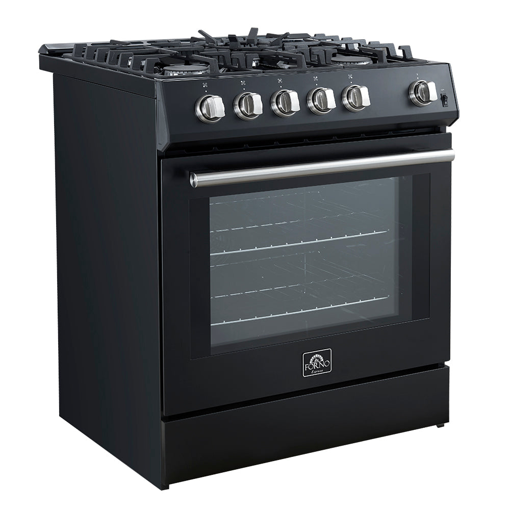 Cocina a gas Forno Leonardo Espresso de 30 pulgadas, color negro, 5 quemadores, 39 500 BTU, horno de convección de 5 pies cúbicos