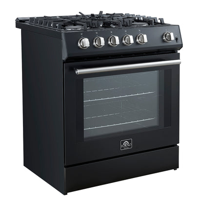 Cocina a gas Forno Leonardo Espresso de 30 pulgadas, color negro, 5 quemadores, 39 500 BTU, horno de convección de 5 pies cúbicos