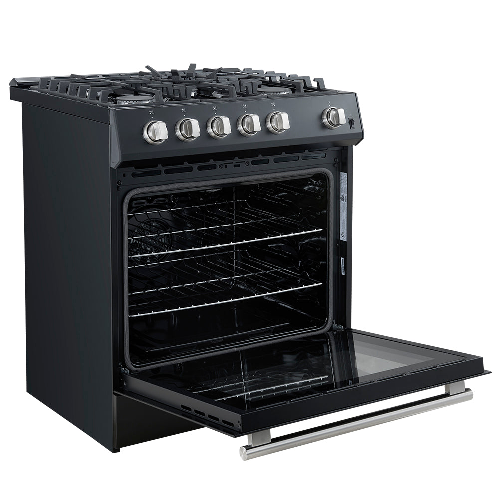 Cocina a gas Forno Leonardo Espresso de 30 pulgadas, color negro, 5 quemadores, 39 500 BTU, horno de convección de 5 pies cúbicos