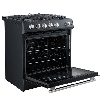 Cocina a gas Forno Leonardo Espresso de 30 pulgadas, color negro, 5 quemadores, 39 500 BTU, horno de convección de 5 pies cúbicos