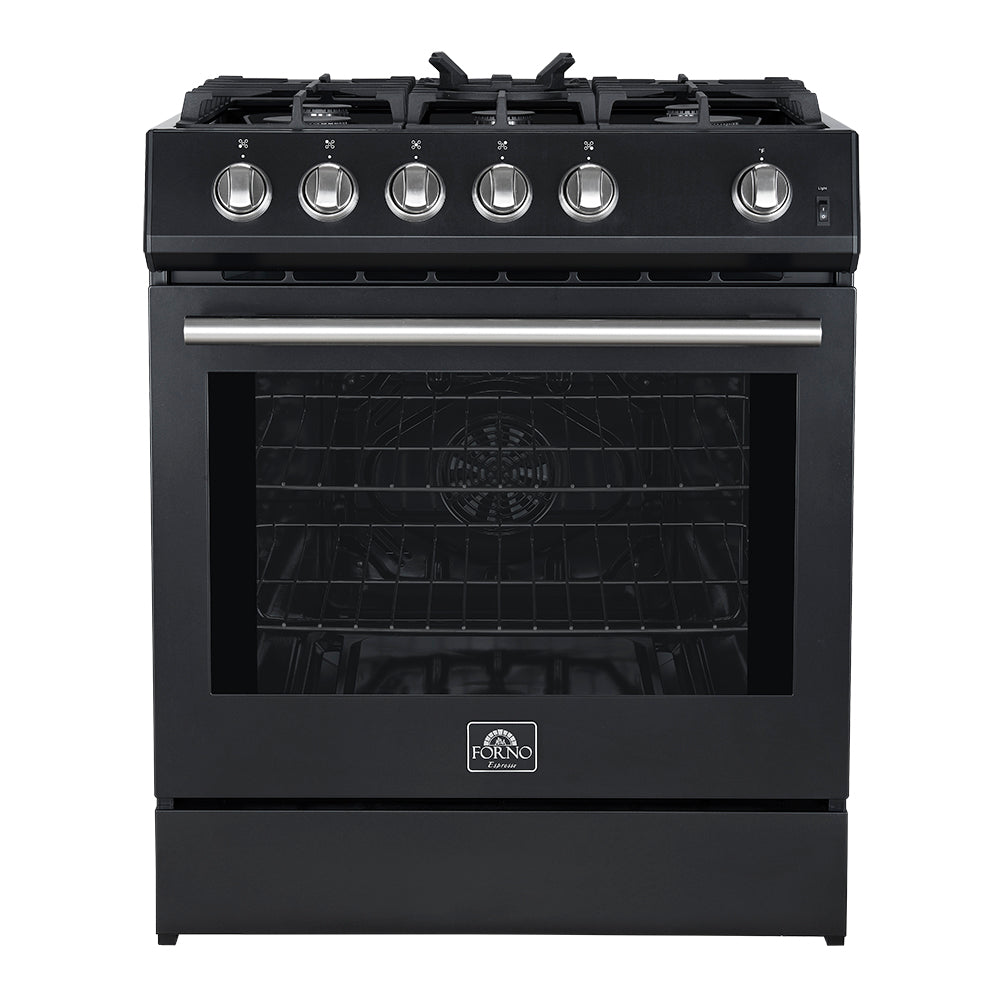 Cocina a gas Forno Leonardo Espresso de 30 pulgadas, color negro, 5 quemadores, 39 500 BTU, horno de convección de 5 pies cúbicos