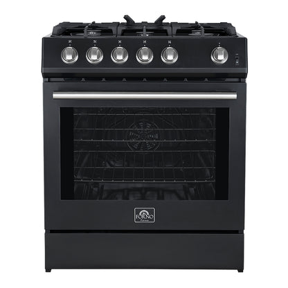 Cocina a gas Forno Leonardo Espresso de 30 pulgadas, color negro, 5 quemadores, 39 500 BTU, horno de convección de 5 pies cúbicos