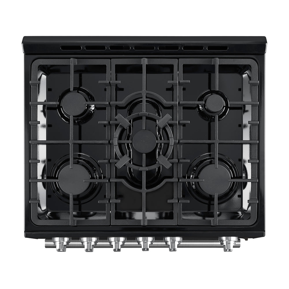 Cocina a gas Forno Leonardo Espresso de 30 pulgadas, color negro, 5 quemadores, 39 500 BTU, horno de convección de 5 pies cúbicos