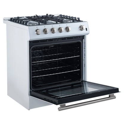 Cocina a gas blanca Forno Leonardo Espresso de 30 pulgadas, 5 quemadores, 39,500 BTU, horno de convección de 5 pies cúbicos